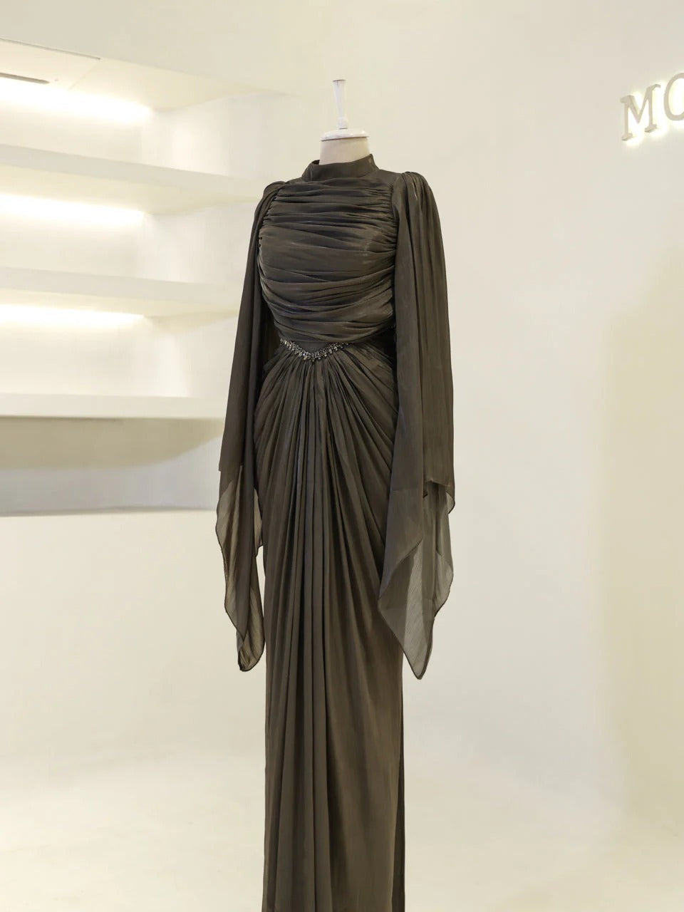 Sequin Cape Satin Evening Gown- Brown