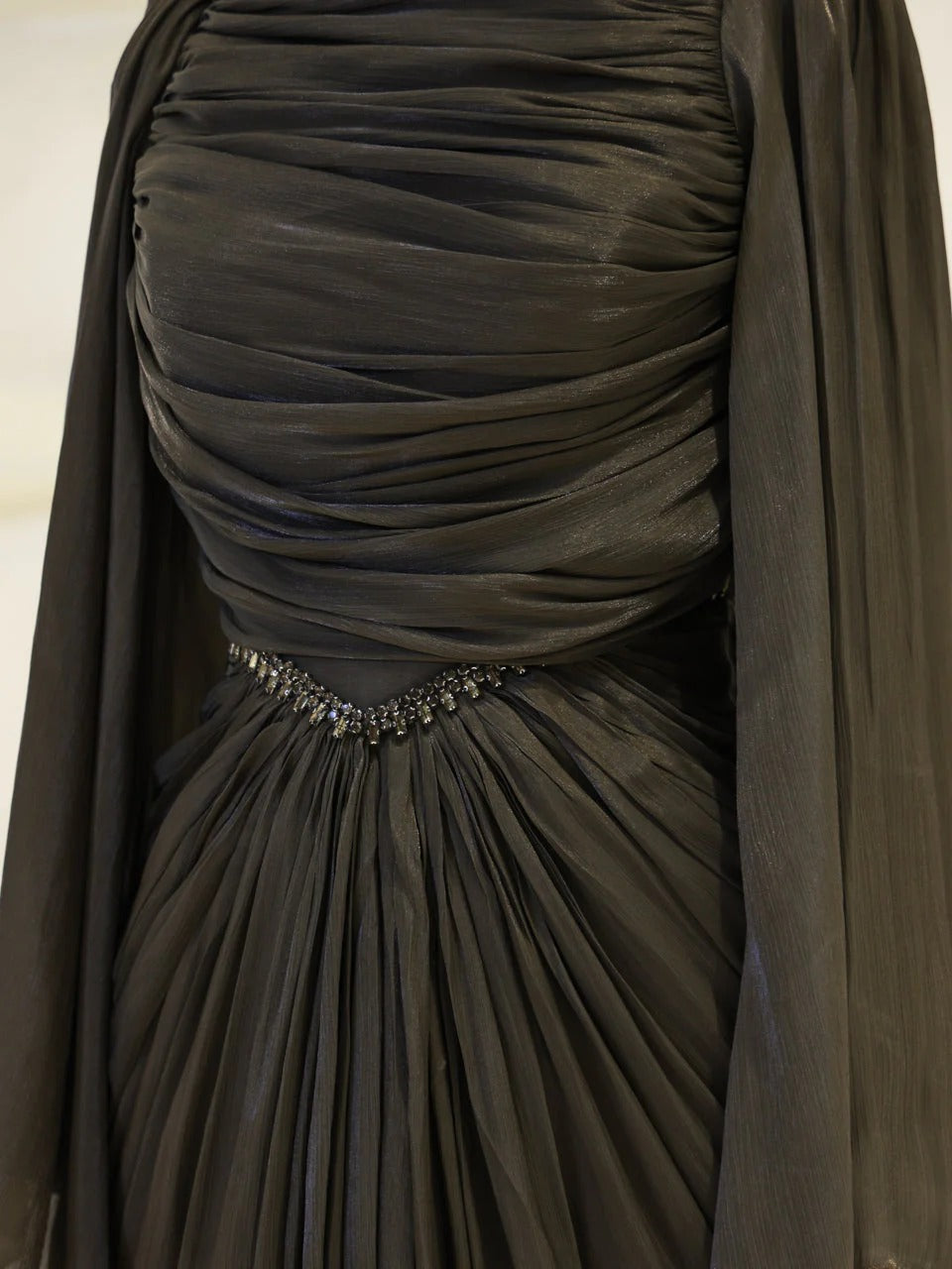 Sequin Cape Satin Evening Gown- Brown