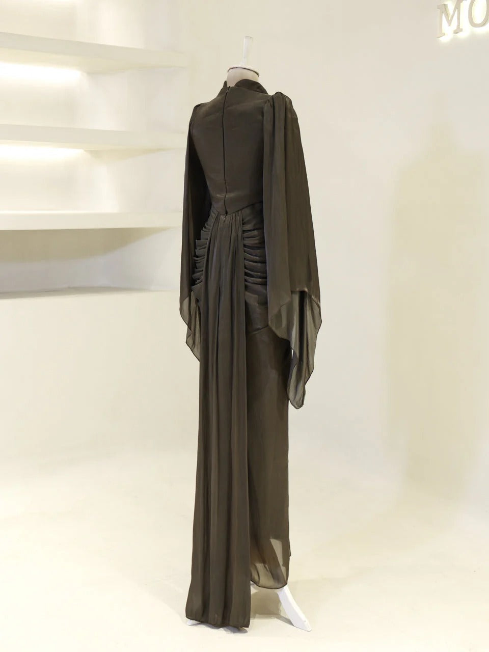 Sequin Cape Satin Evening Gown- Brown