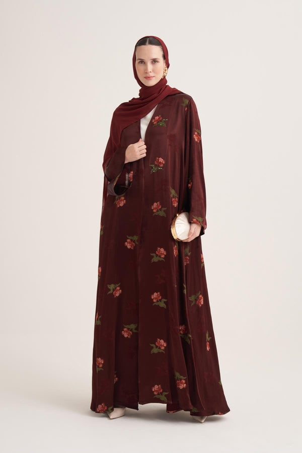 Burgundy Hand-Embroidered Satin Viscose Floral Open Abaya with Crystal Details & Matching Scarf