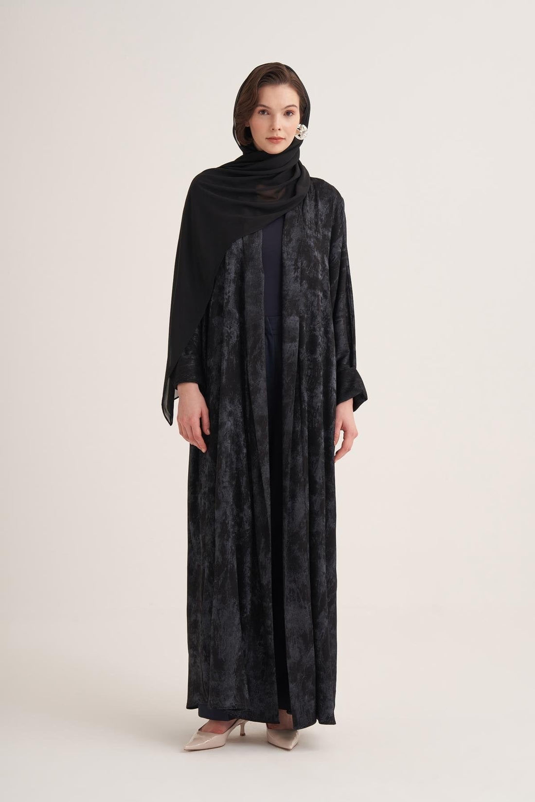 Gold-Textured Open Abaya in Navy Blue with Matching Scarf
