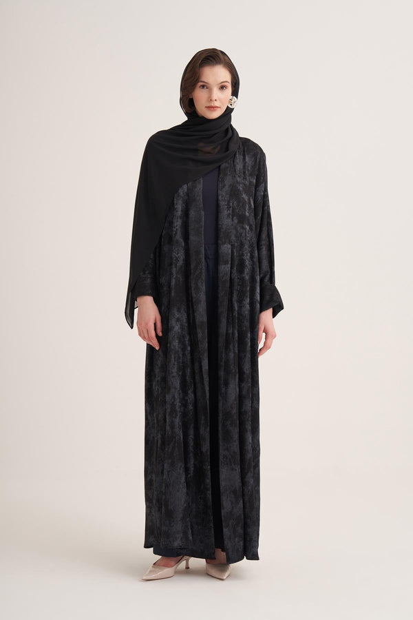 Gold-Textured Open Abaya in Navy Blue with Matching Scarf