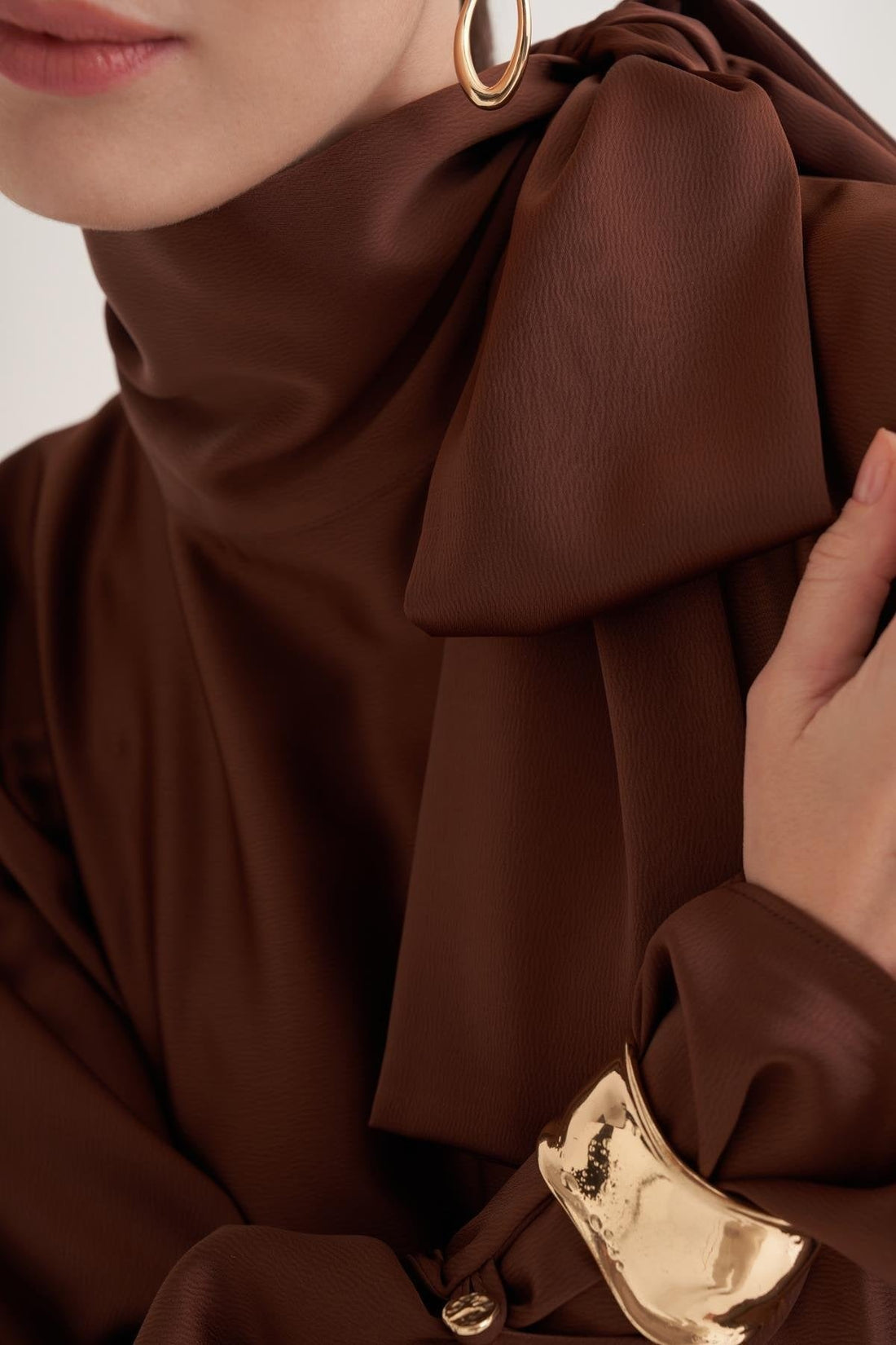 Brown Satin Batwing Sleeve Maxi Dress with Bow Neck Detail