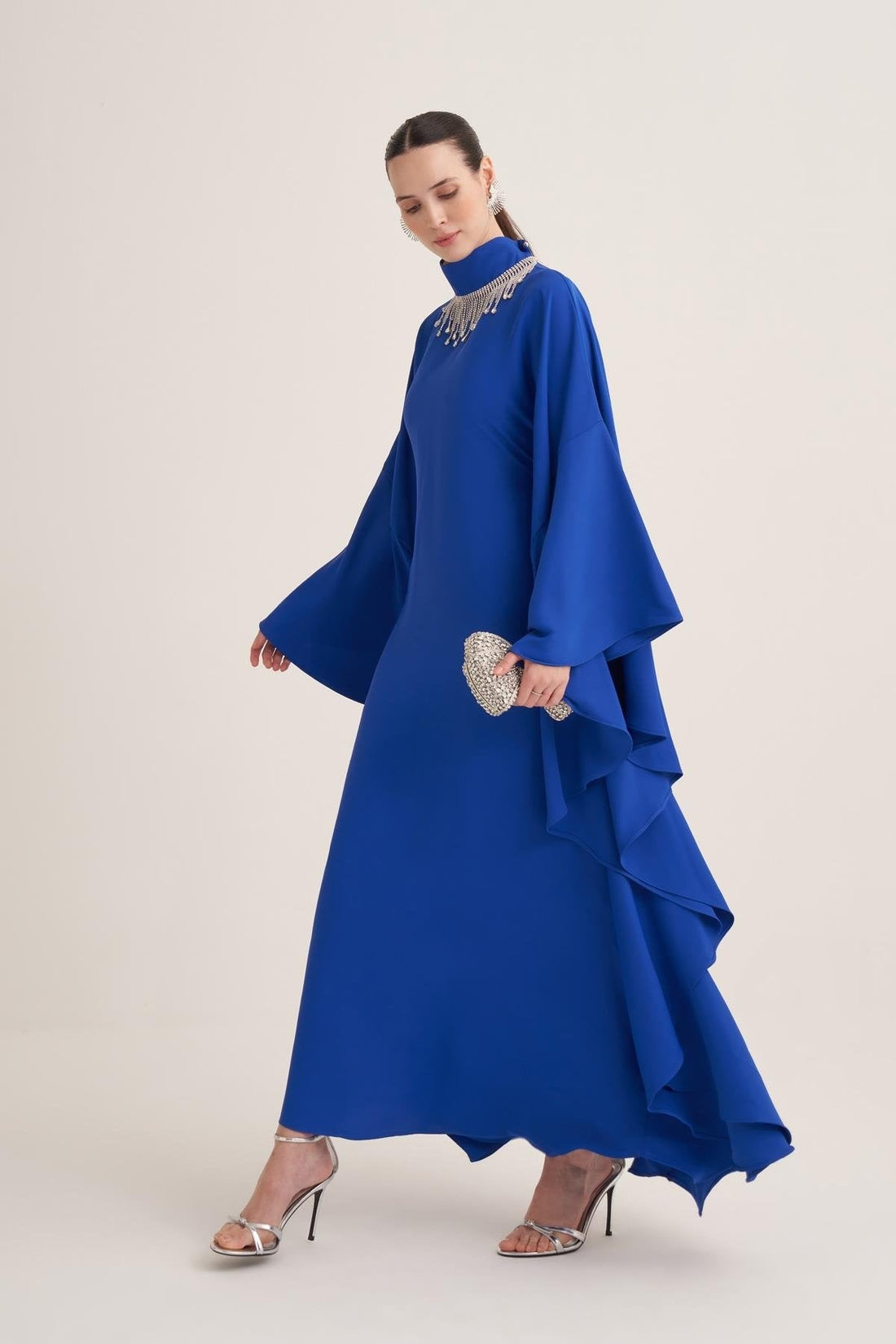 Royal Blue Kaftan Dress with Draped Cape Sleeves & Crystal Fringe Neckline