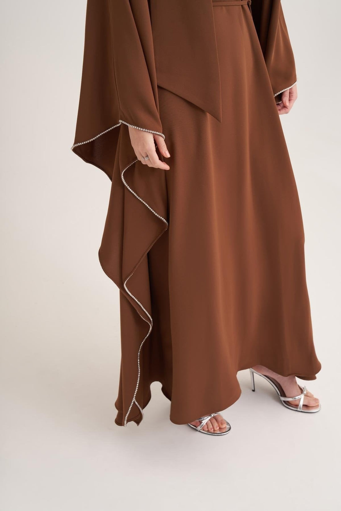Brown Cape Sleeve Kaftan with Crystal Trim & Adjustable Belt