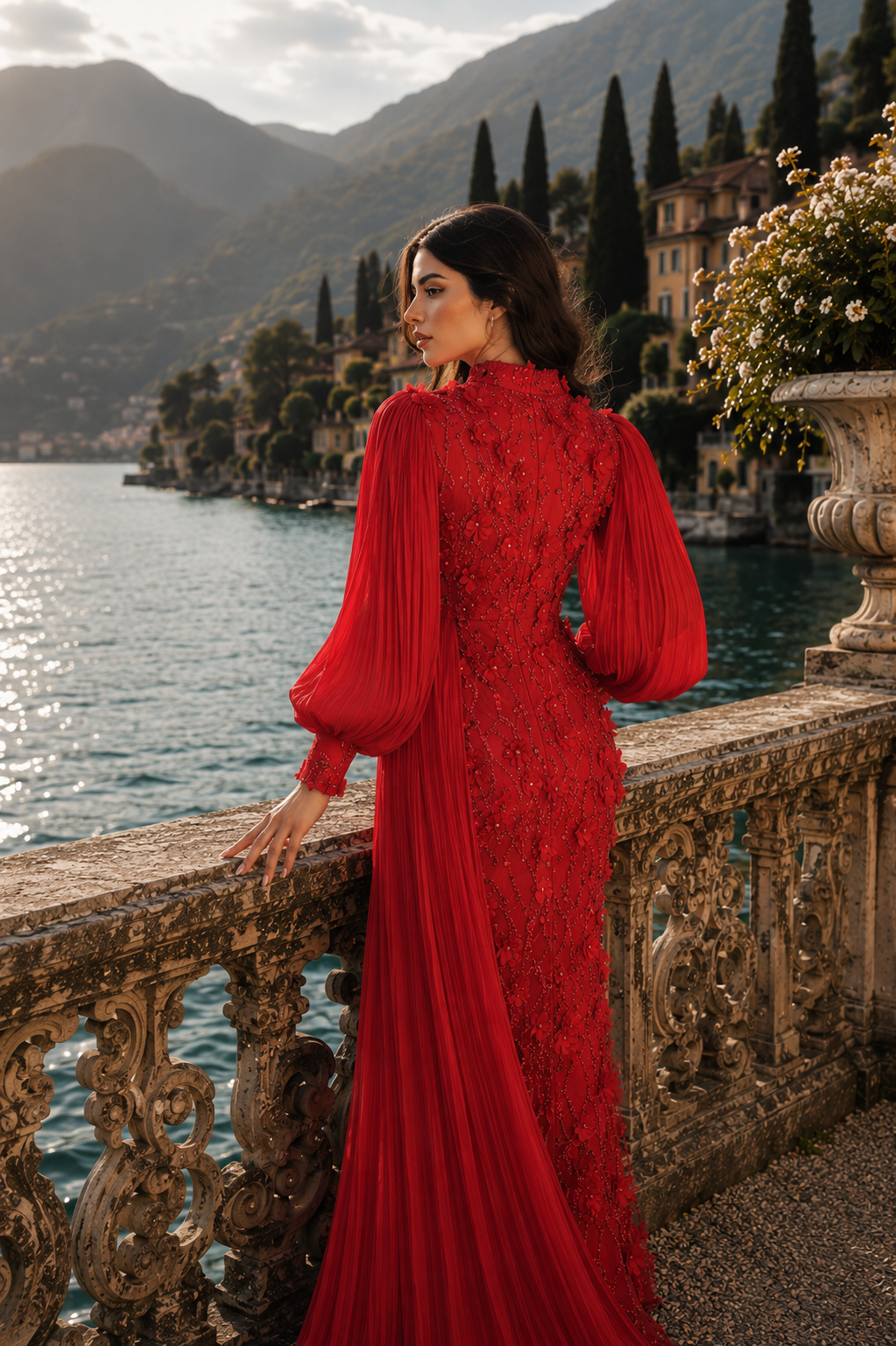 Roxanne Beaded Modest Evening Gown - Red
